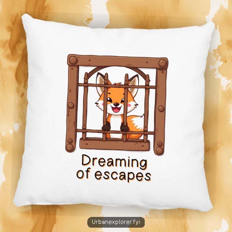 Funny Pillow: A brave fox with a wide, excited smile peeks through a barred window, offering cozy charm.