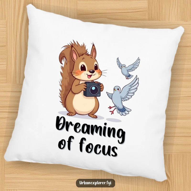 Funny squirrel with a camera, humorously capturing a pigeon mid-flight, on a soft, decorative pillow.