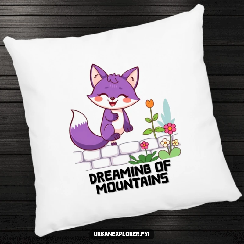 Funny purple fox with a determined grin scaling a garden wall, designed for comfort on a soft and decorative pillow.