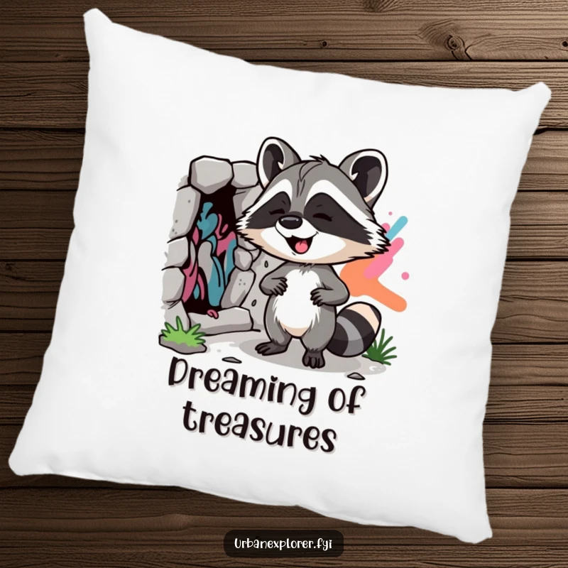 Funny Raccoon Street Art Pillow: A plush pillow featuring a giggling raccoon discovering street art, offering comfort and urban charm.