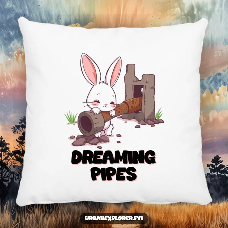 Funny pillow with a curious bunny examining a rusty pipe, offering comfort and humorous contemplative vibes.