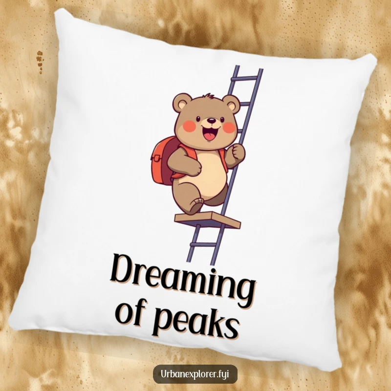Funny pillow illustration of a gleeful bear with a backpack climbing a fire escape, offering a humorous and cozy decorative element.