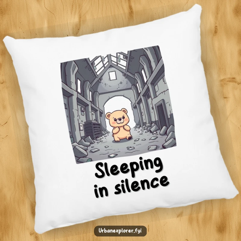 Funny brave bear investigating an abandoned warehouse, ears perked, printed on a soft decorative pillow.