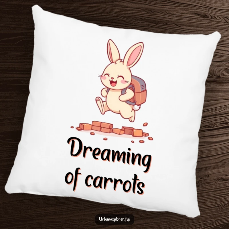 Funny smiling bunny with a backpack, leaping over tiny scattered bricks, a humorous and cozy accent pillow.