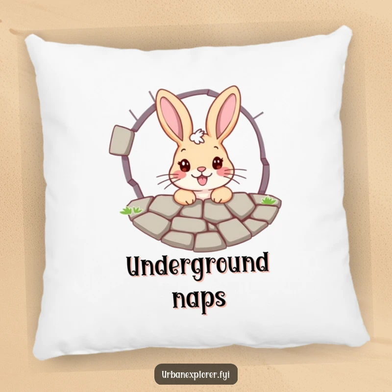 Funny bunny pillow: a cheerful bunny peeking through a cracked pavement grate, representing curiosity, playfulness, and adorable charm.
