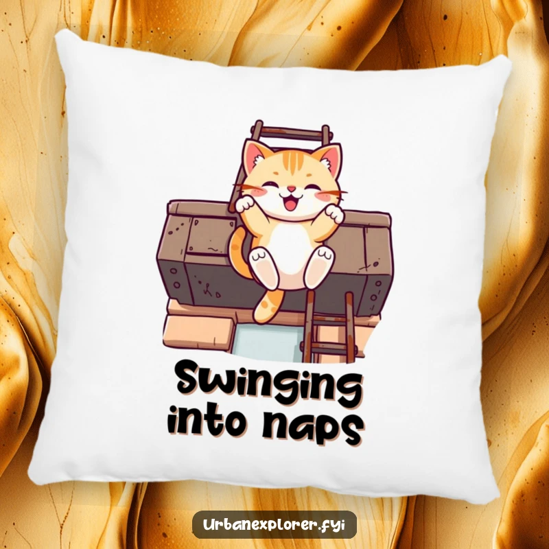 Funny Kawaii cat pillow featuring a cat swinging from a fire escape ladder, bringing cozy urban charm.