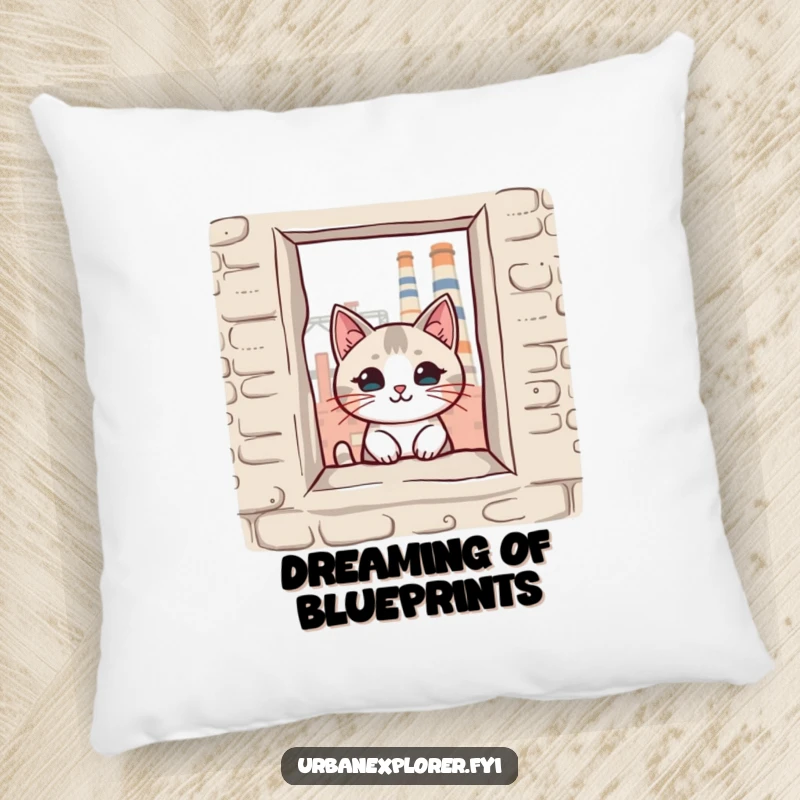 Funny kawaii cat peeking through a broken window of an old factory, adorning a soft and comfortable pillow, great for a funny gift.