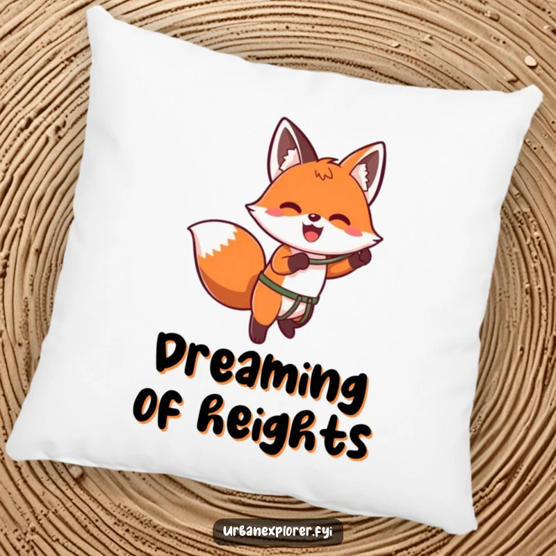 Funny kawaii pillow with an enthusiastic fox using a grappling hook to scale a wall, embodying cute determination.