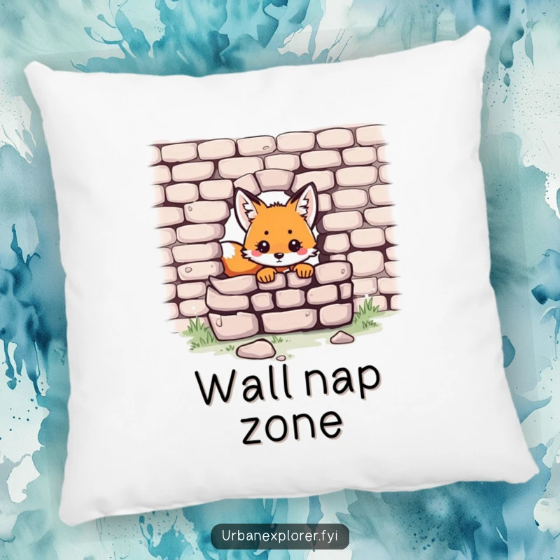 Funny Kawaii fox pillow featuring a small, cute fox peeking from behind a brick wall, offering cozy charm.