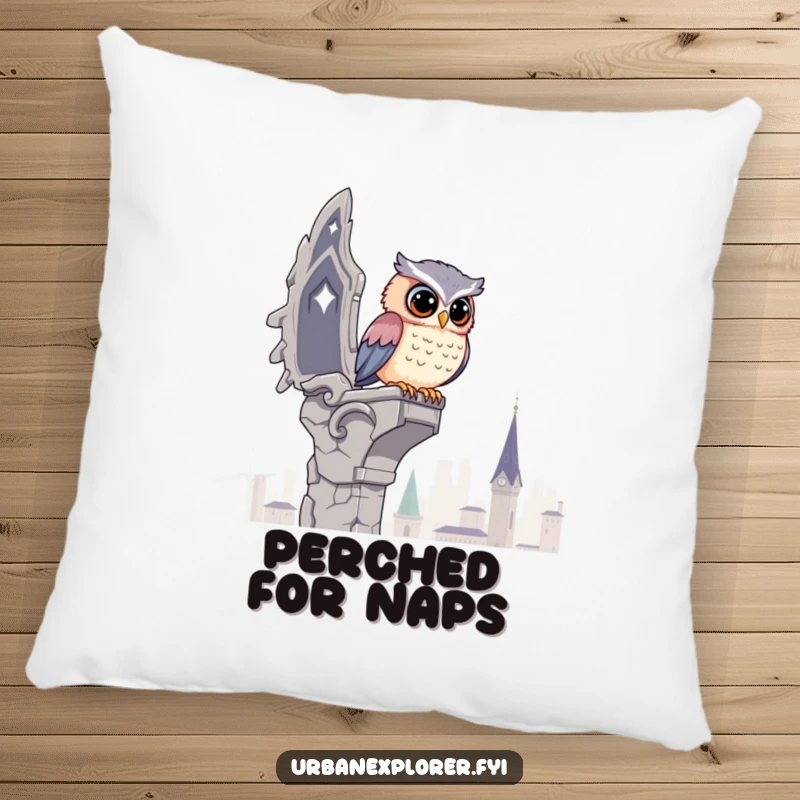 Funny Kawaii Owl Pillow: A cute owl surveys the city from a crumbling gargoyle, offering humorous comfort and a watchful presence.