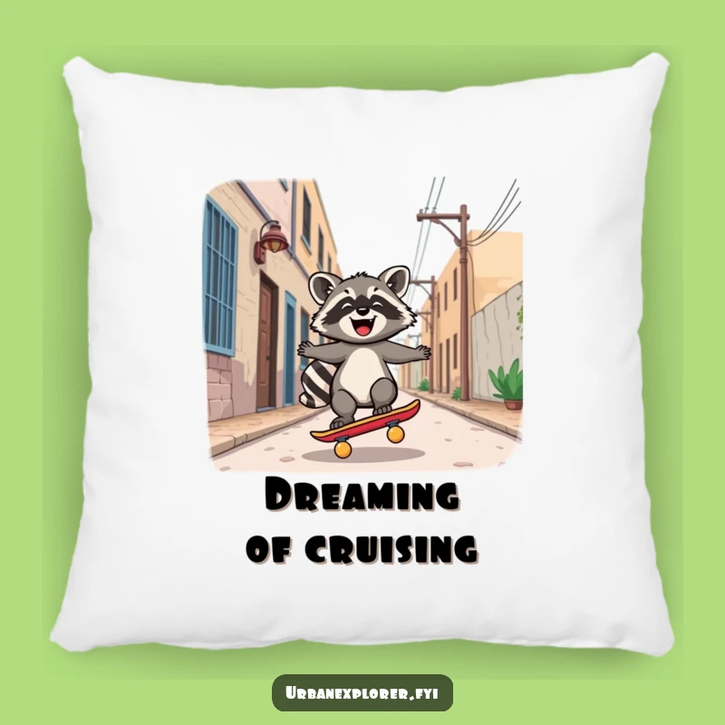 Funny Kawaii Raccoon Skateboard Pillow: Joyful Rider for Cool Comfort!