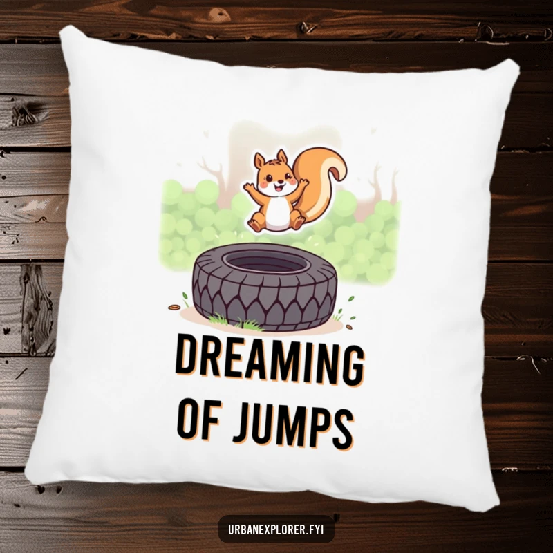 Funny Kawaii Squirrel Pillow, cute squirrel leaping over a tire, soft and cheerful cushion, wonderful funny gift.