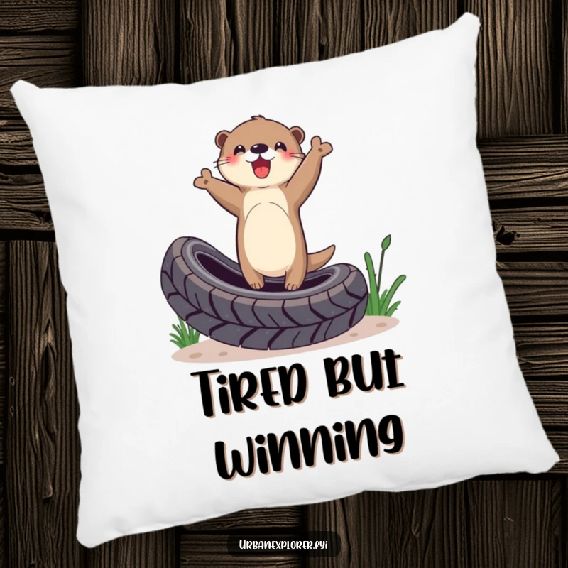Funny Otter Pillow: Otter balancing on a tire with a triumphant gesture, adding humor and comfort to any seating area.