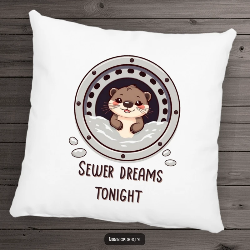 Funny otter with a wide grin, peeking from a sewer grate, on a soft, decorative pillow.