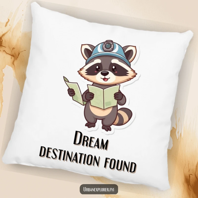 Funny decorative pillow featuring a helmeted raccoon holding a map and pointing, perfect for adding humor and adventure.