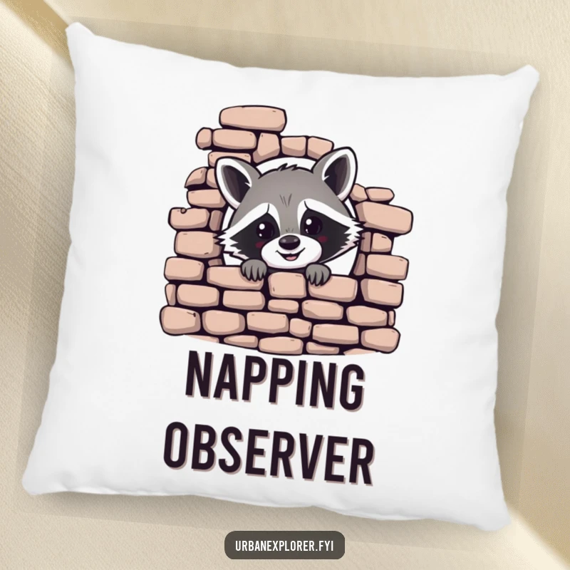 Funny pillow with a cheerful raccoon peeking from a crumbling brick wall, offering comfort and humorous charm.