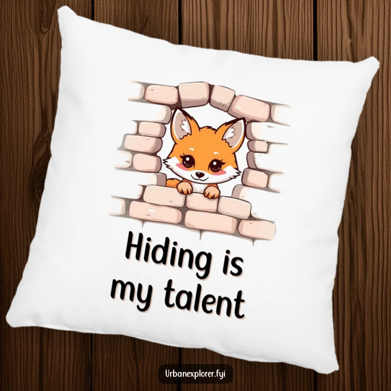 Funny Kawaii Fox Pillow, cute fox peeking from a brick wall, soft and decorative cushion, wonderful funny gift.