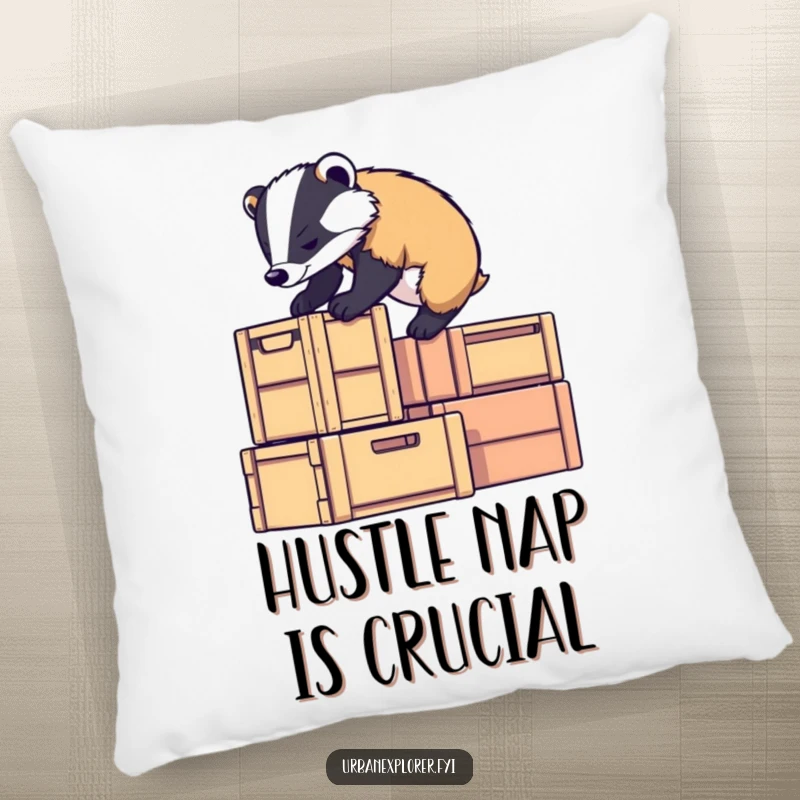 Funny badger character climbing stacked crates with determination, depicted as comfy and resilient, perfect for a funny gift pillow.