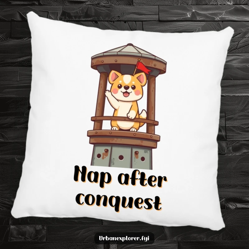 Funny Kawaii Dog Pillow: A cute dog plants a flag on a rusty water tower, offering humorous comfort and a victorious presence.