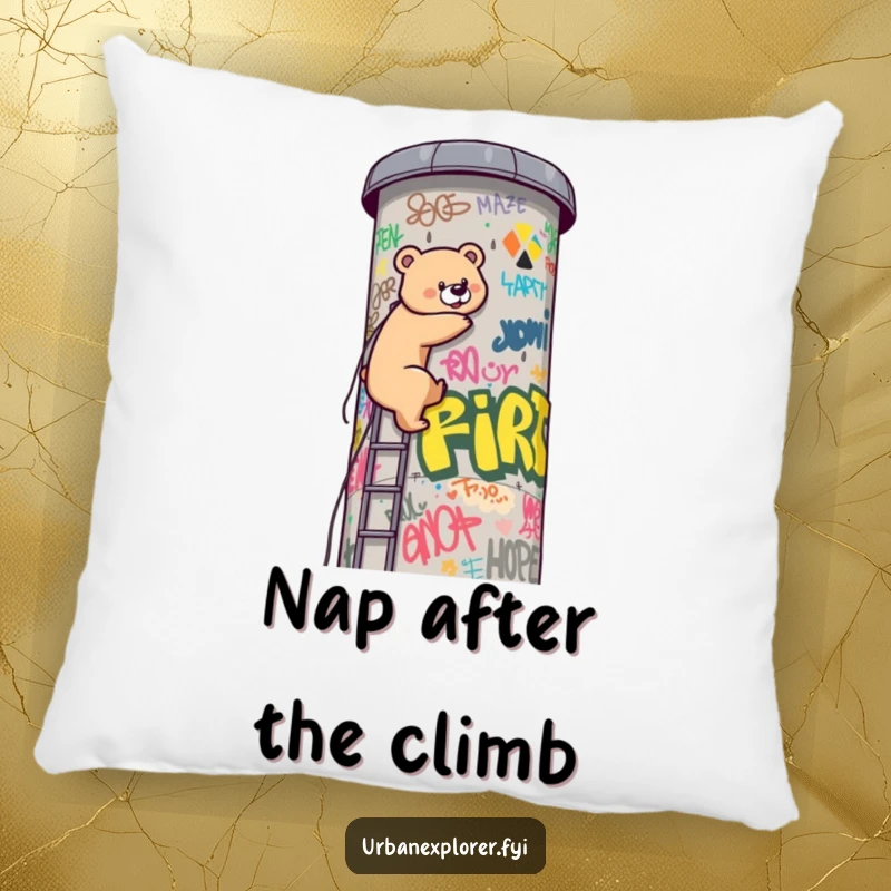 Funny Kawaii bear, on a daring climb up a graffiti water tower, adds humor and comfort to this plush pillow. Whimsical decor.