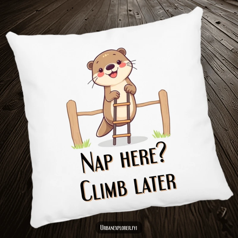 Funny otter character humorously climbing a fence with a small ladder, presented on a soft pillow for cozy home decoration.