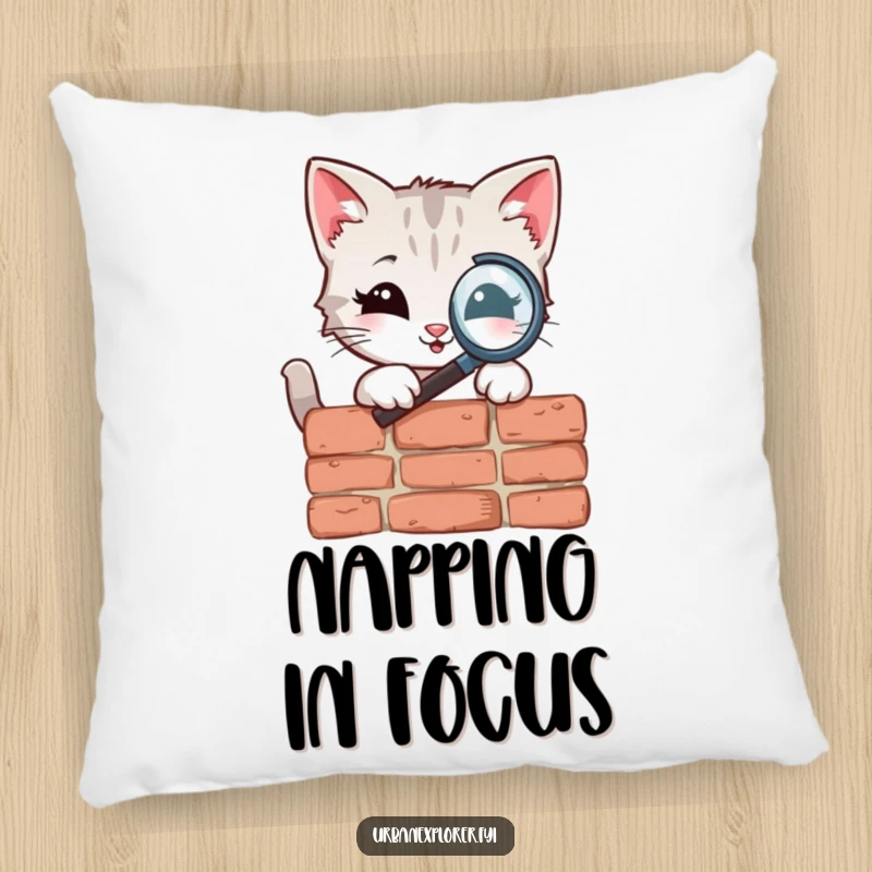 Funny Pillow featuring a smiling kitten character using a magnifying glass on a weathered brick, providing cozy support and a hint of intrigue.