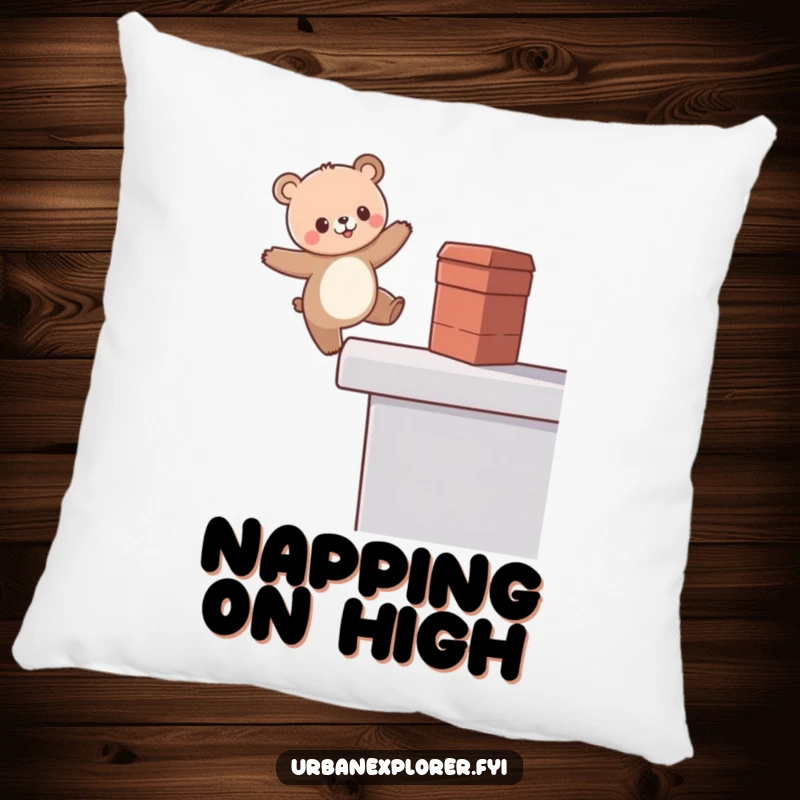 Funny Kawaii Bear Pillow, cute bear balancing on a rooftop edge, soft and humorous cushion, wonderful funny gift.