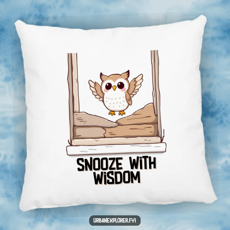 Funny owl pillow with a joyful owl landing on a broken window ledge, providing humorous decorative comfort for sofas.