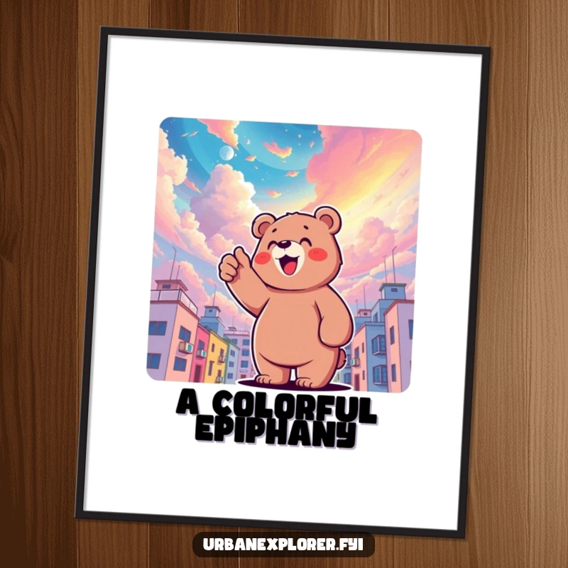 Funny bear character pointing upwards at a surreal, colorful sky above buildings, an instant funny art download for whimsical wall decor.