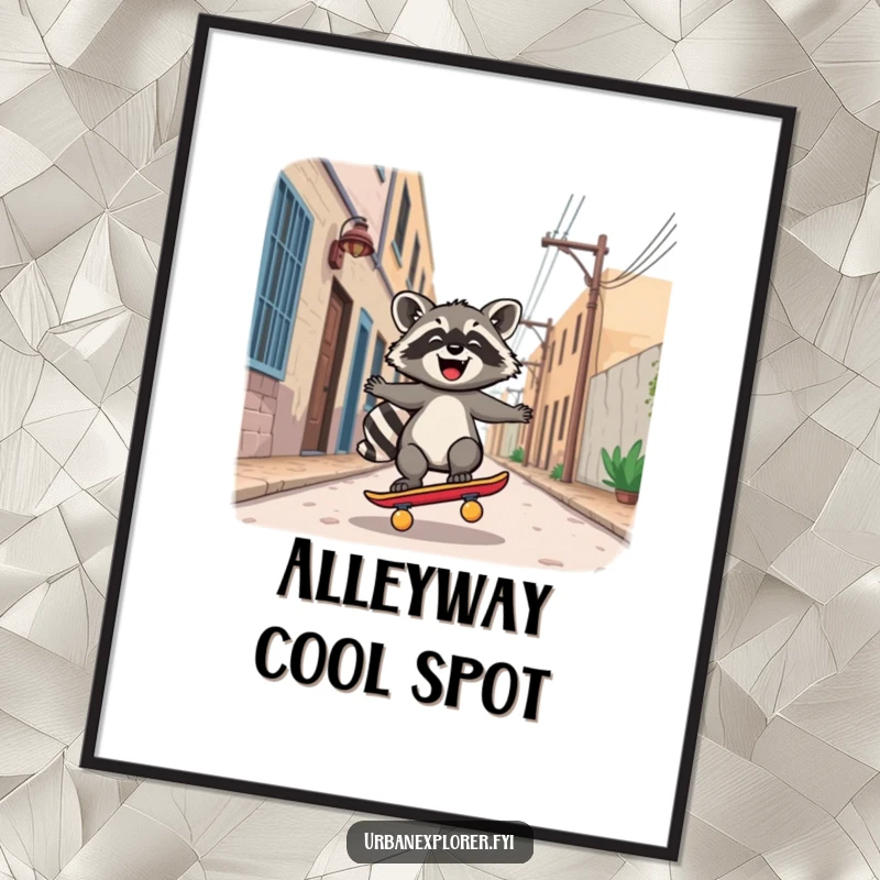 Funny Digital Art Print: Joyful Kawaii raccoon character riding a skateboard down a deserted alley, creating urban art.
