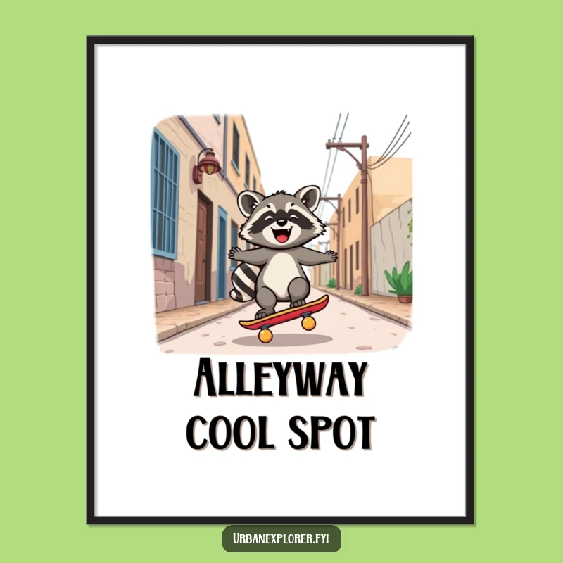 Funny Kawaii Raccoon Skateboard Digital Art: Joyful Rider for Instant Urban Cool!