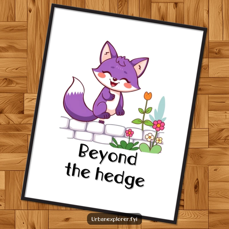 Funny purple fox with a determined grin scaling a garden wall, a colorful and joyful digital art print.