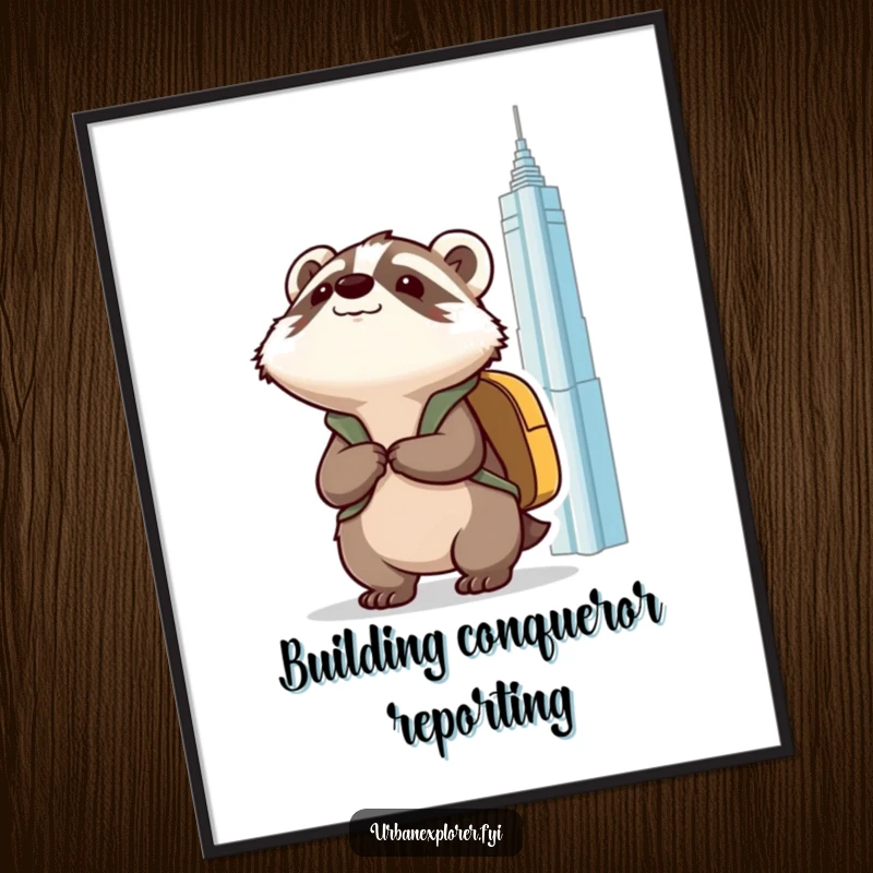 Funny Kawaii badger with a backpack, excitedly looking up at a towering building, as digital art for home decor.