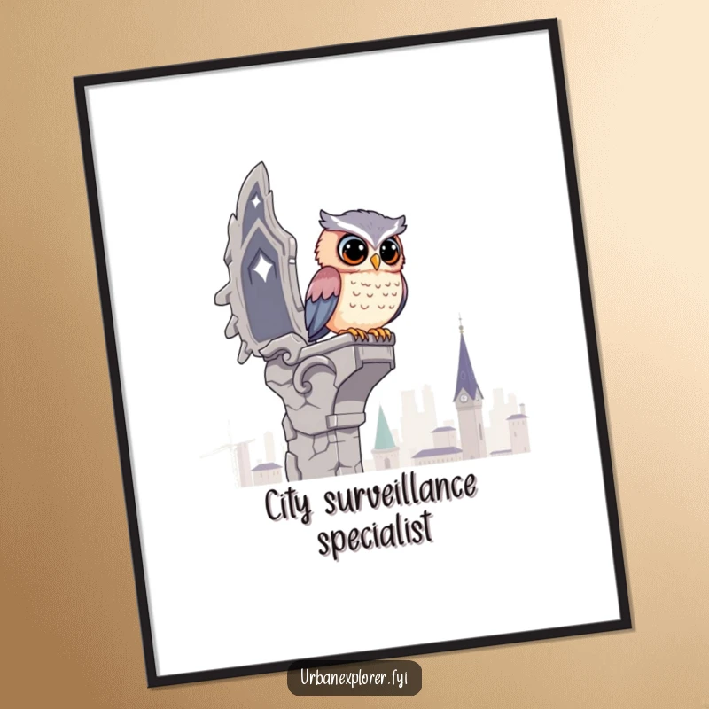Funny Kawaii Owl Digital Art: A cute owl perched on a crumbling gargoyle surveys the city, bringing humorous observation to your decor.
