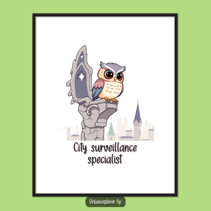 Funny Kawaii Owl Digital Art - Hilarious City View Print