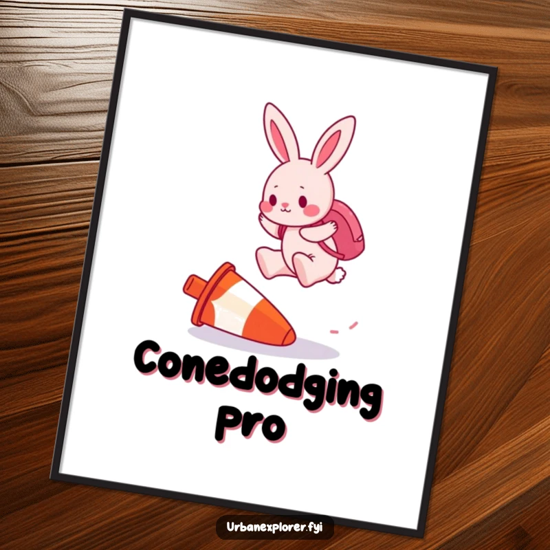 Funny digital art print of a determined pink bunny with a backpack, jumping over an upside-down traffic cone.