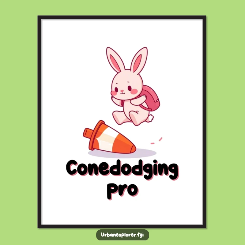 Funny Pink Bunny Traffic Cone Jump Digital Art - Hare Art Print