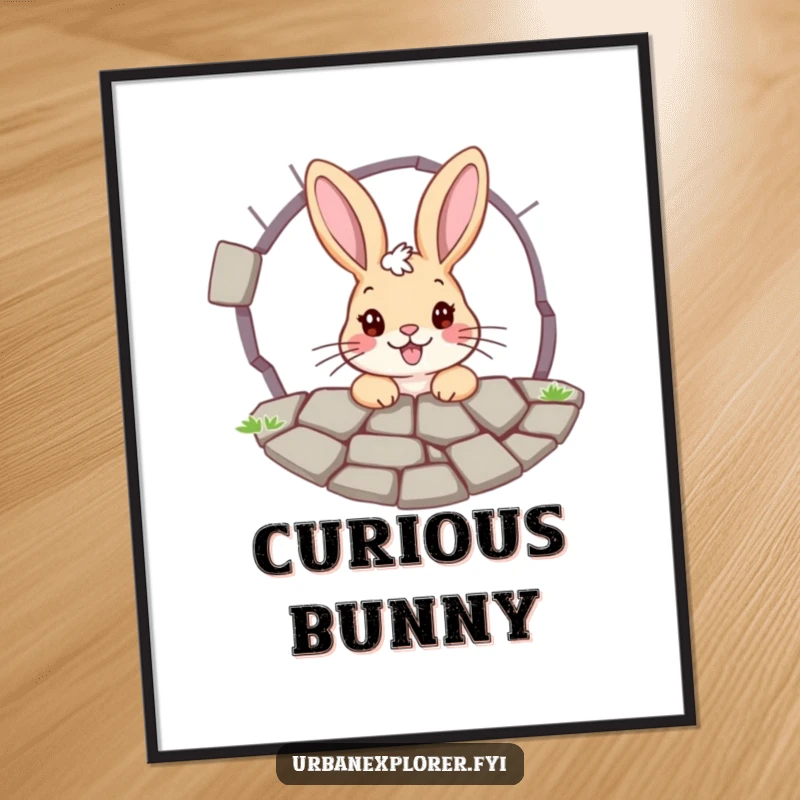 Funny bunny digital art print: a cheerful bunny peeking through a cracked pavement grate, symbolizing curiosity and a playful spirit.