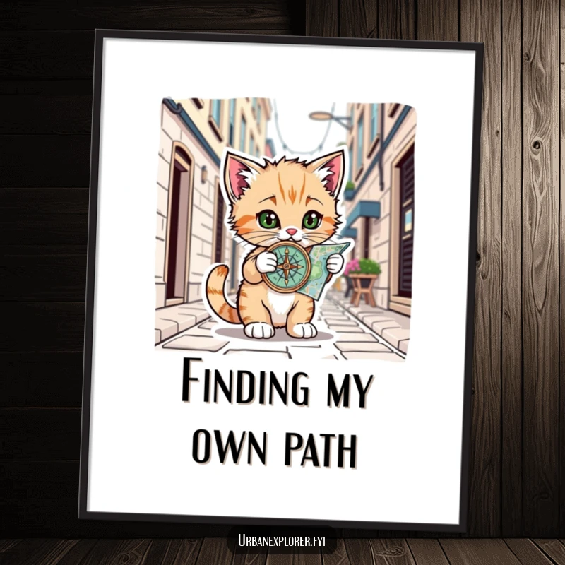 Funny Kitten Digital Art: Print of a kitten with a compass on a city map, perfect for humorous, urban wall decor, funny gift.