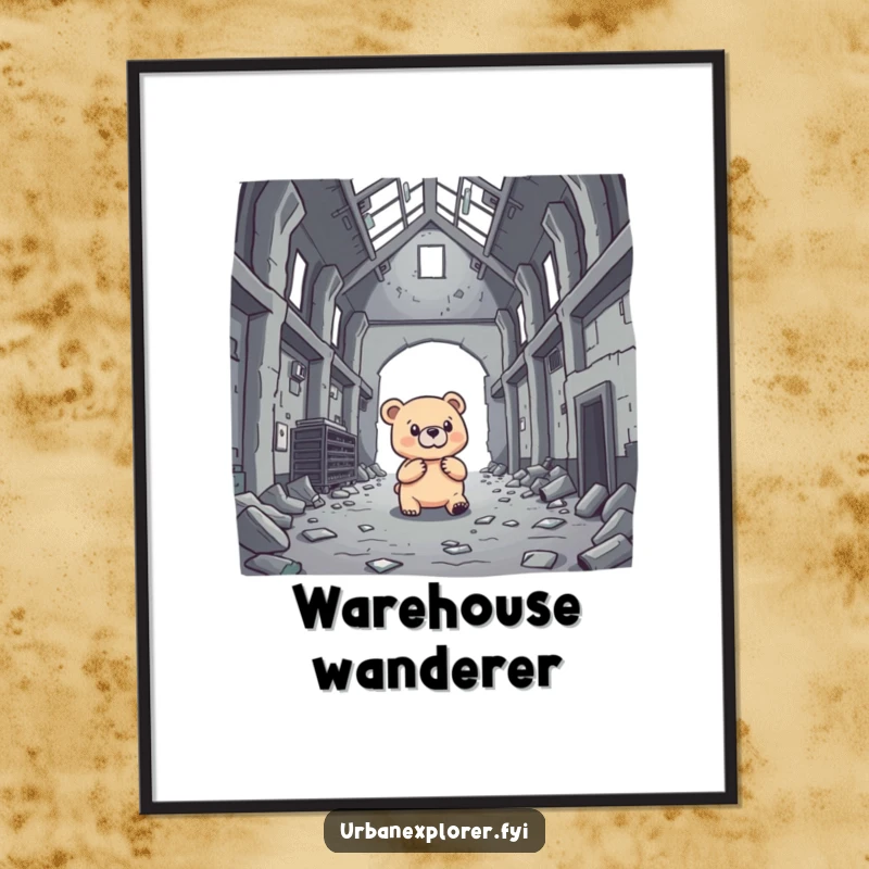 Funny brave bear investigating an abandoned warehouse, ears perked, as a downloadable digital art print.