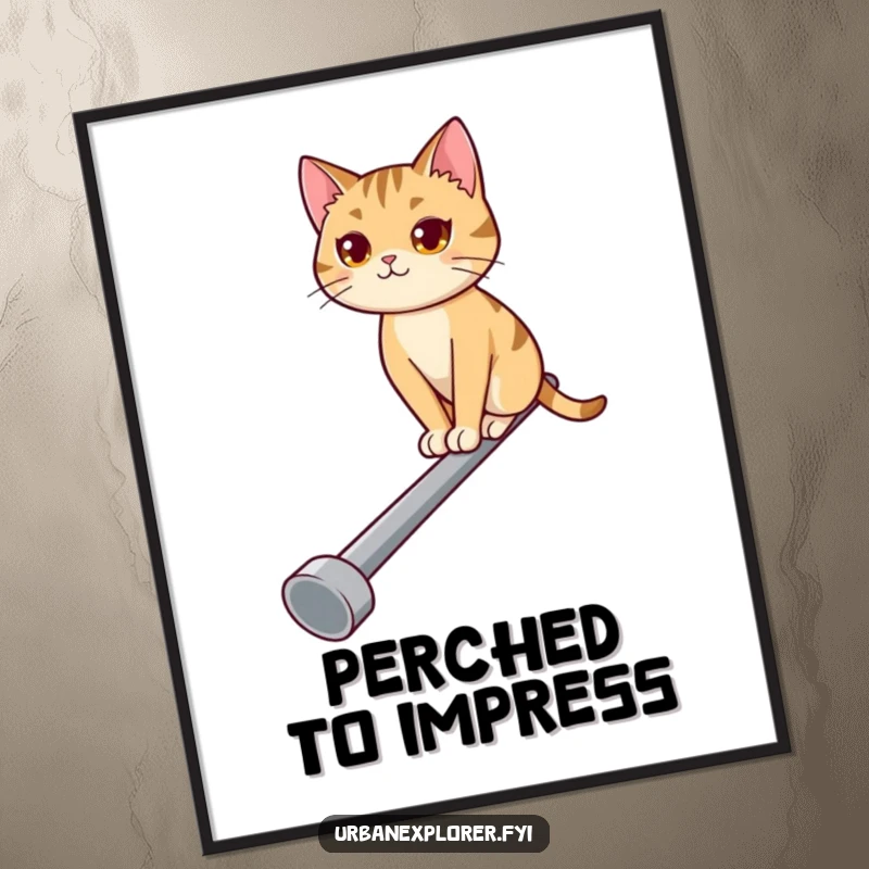 Funny digital art print of a determined cat balancing on a narrow pipe, exuding confidence and humorous focus.