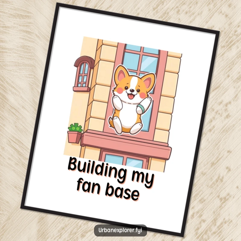 Funny corgi digital art print, a fluffy corgi enthusiastically rappelling down a stylized building facade, instant download art.