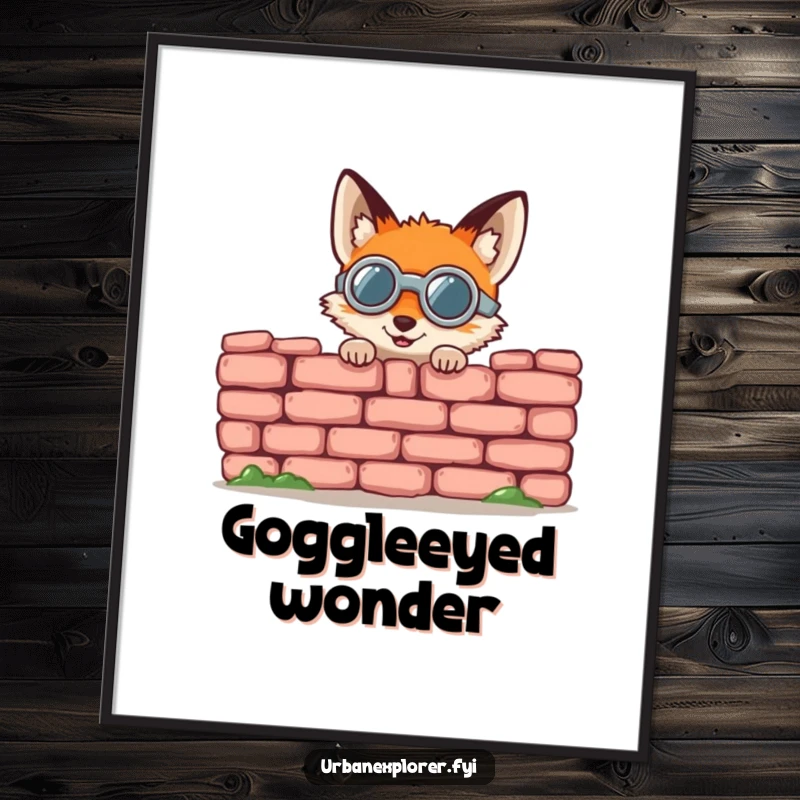 Funny fox digital art print, a small round fox wearing goggles, gleefully peeking from behind a crumbling brick wall, instant download.