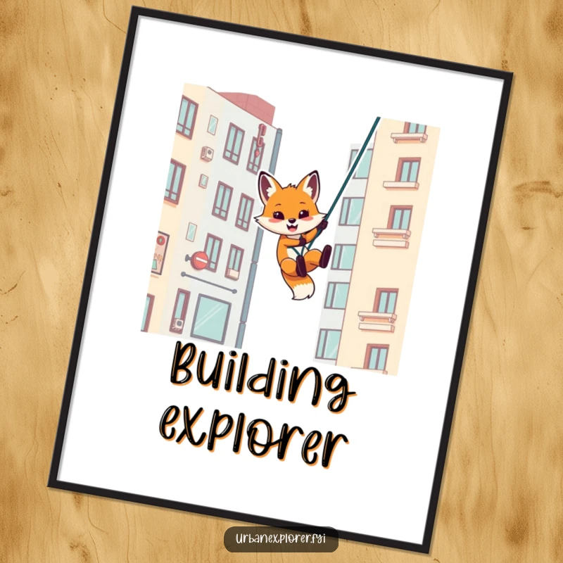 Funny digital art print of a playful fox rappelling down a stylized urban building, ideal for humorous wall decor.