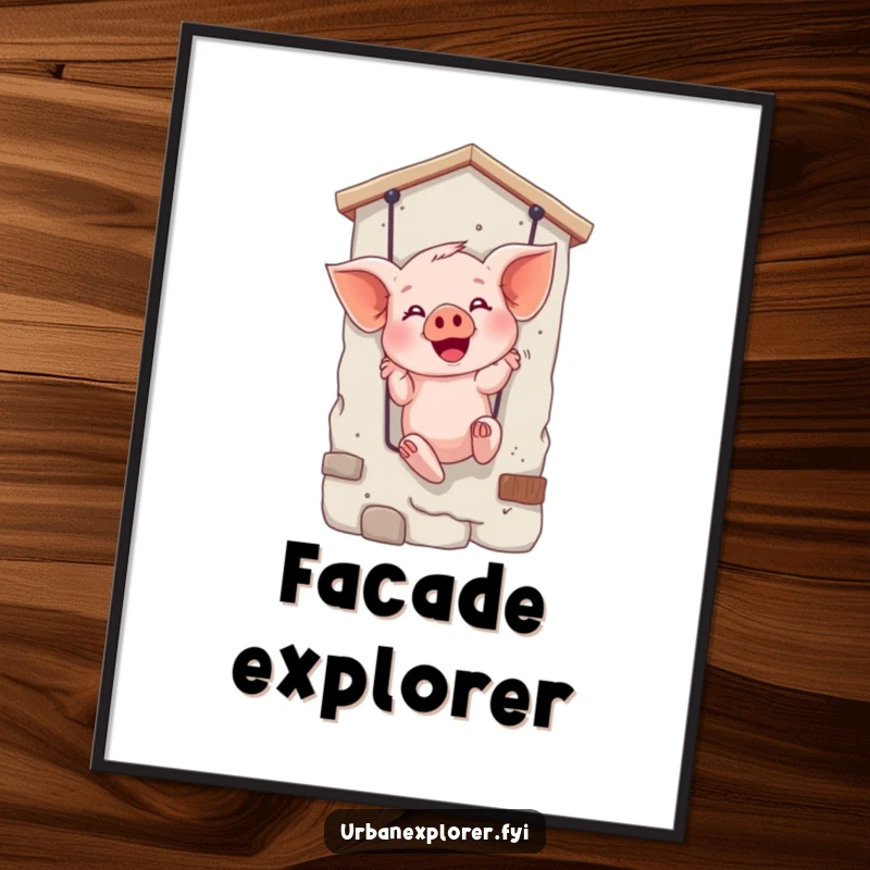 Funny digital art print of a giggling piglet successfully rappelling, ready to be printed and displayed for instant amusement.
