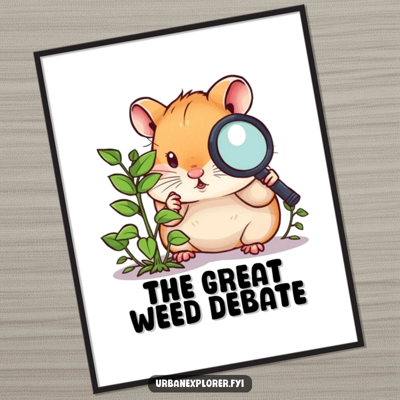 Funny hamster digital art print, a curious hamster with a magnifying glass, examining a tiny overgrown weed, instant download art.