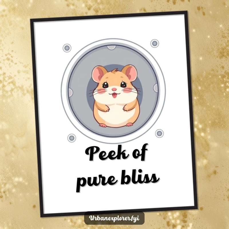 Funny, cheerful hamster peeking from a ventilation shaft, as a digital art print.