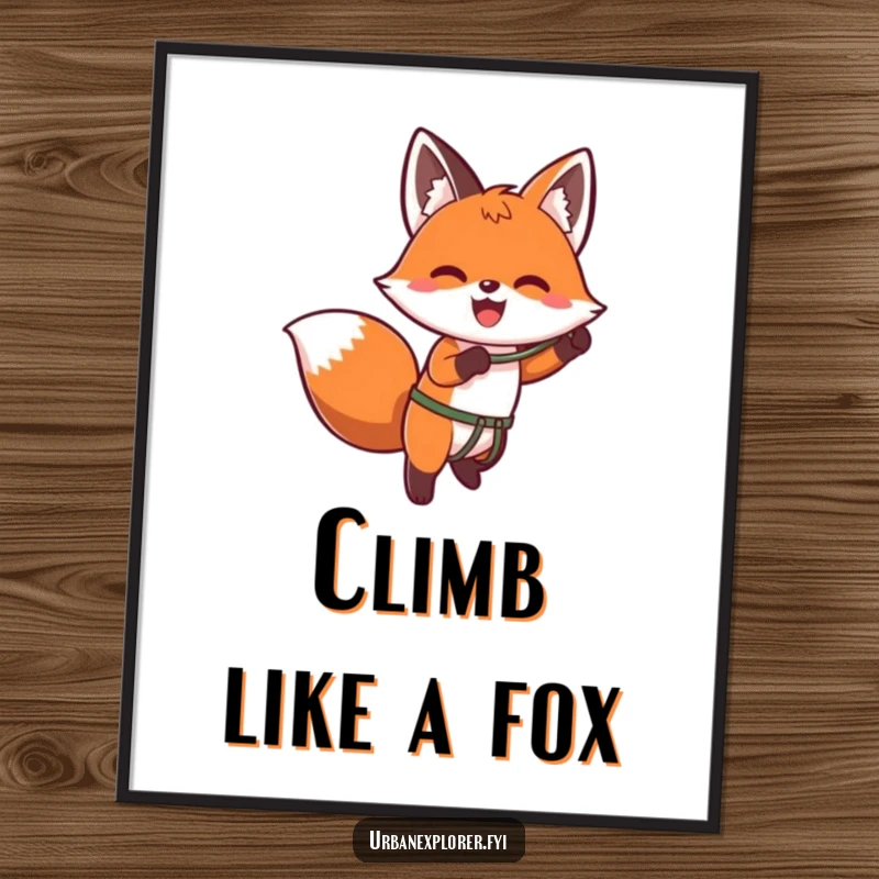 Funny kawaii digital art of an enthusiastic fox using a grappling hook to ascend a wall, exuding cute determination.