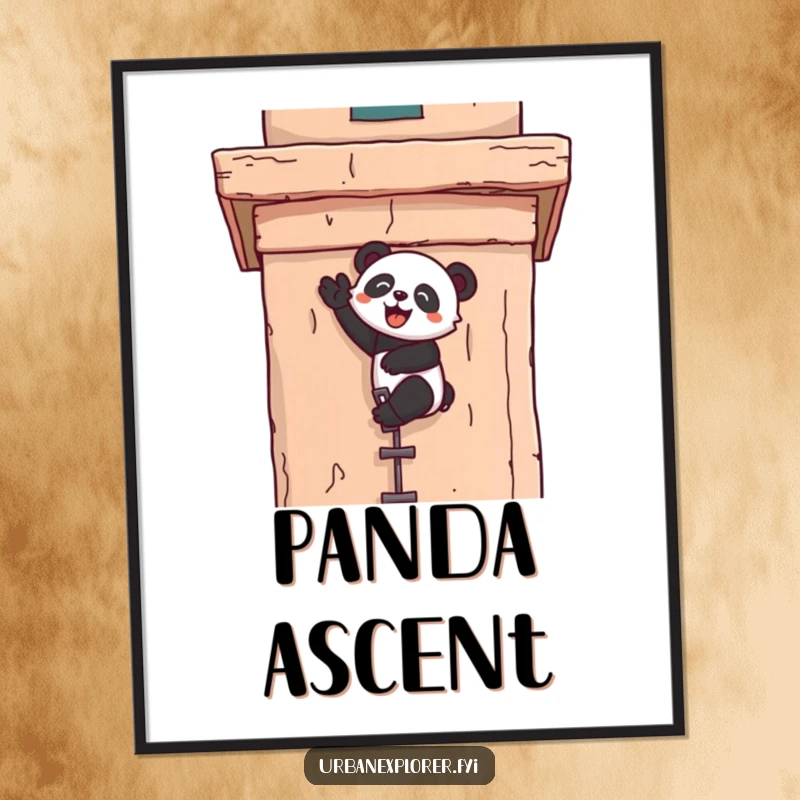 Funny kawaii digital art of a panda joyfully scaling a weathered building facade, exuding cute determination and happiness.
