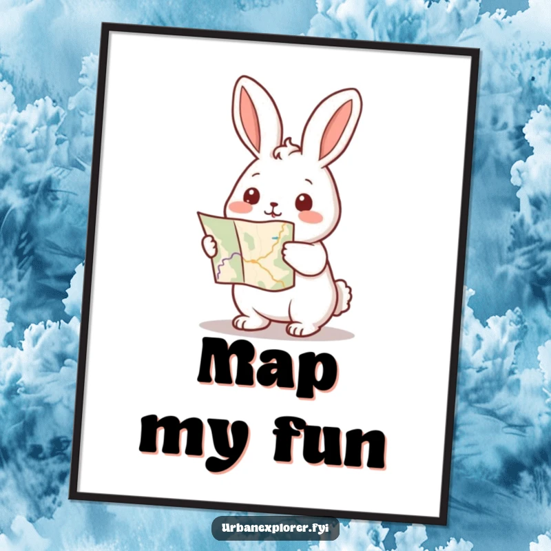 Funny Kawaii rabbit digital art print of a tiny rabbit holding a map and pointing forward, embodying excitement.